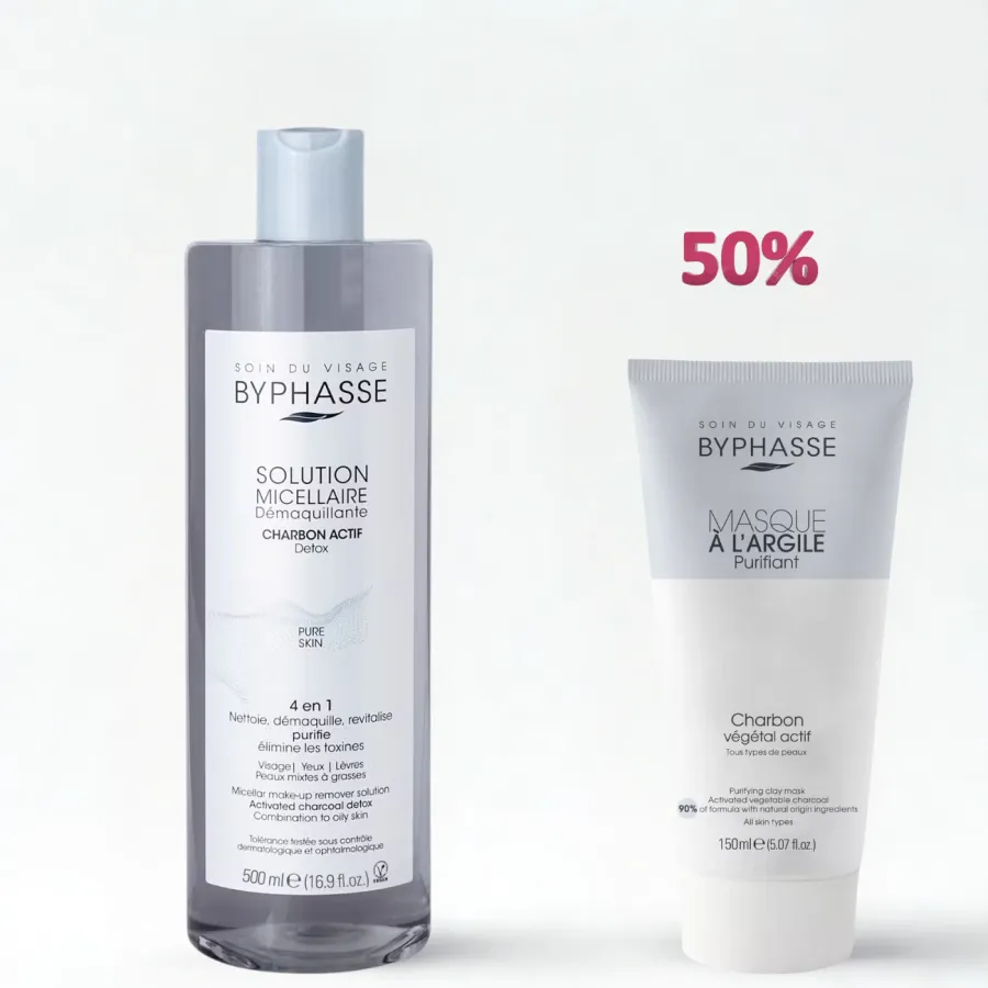 BYPHASSE SOLUTION MICELLAIRE DEMAQUILLANTE 4 EN 1 AU CHARBON ACTIF 500ML+MASQUE A L'ARGILE PURIFIANT 150ML (-50%)