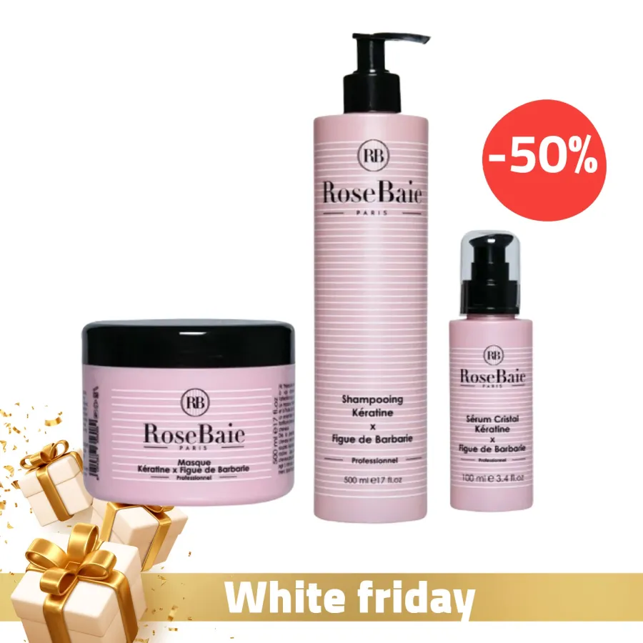 RoseBaie Shampoing à la Kératine et à l’Huile de Figue de Barbarie 500ml + RoseBaie Masque à la Kératine et à l’Huile de Figue de Barbarie 500ml + RoseBaie Sérum Protecteur à l’Huile de Figue de Barbarie et Kératine 100ml (-50 %)