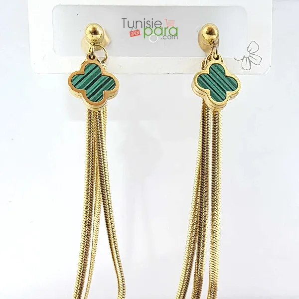 Boucles d’Oreilles “Cascade Malachite” – Trèfles Verts et Chaines Serpent en Acier Inoxydable