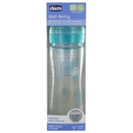 Chicco Well Being Biberon Verre 240 mL Débit Lent 0 Mois et + Bleu