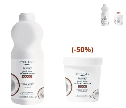 BYPHASSE FAMILY SHAMPOOING COCO CHEVEUX COLORES 750ML+MASQUE CAPILLAIRE COLORES 250ML (-50%)