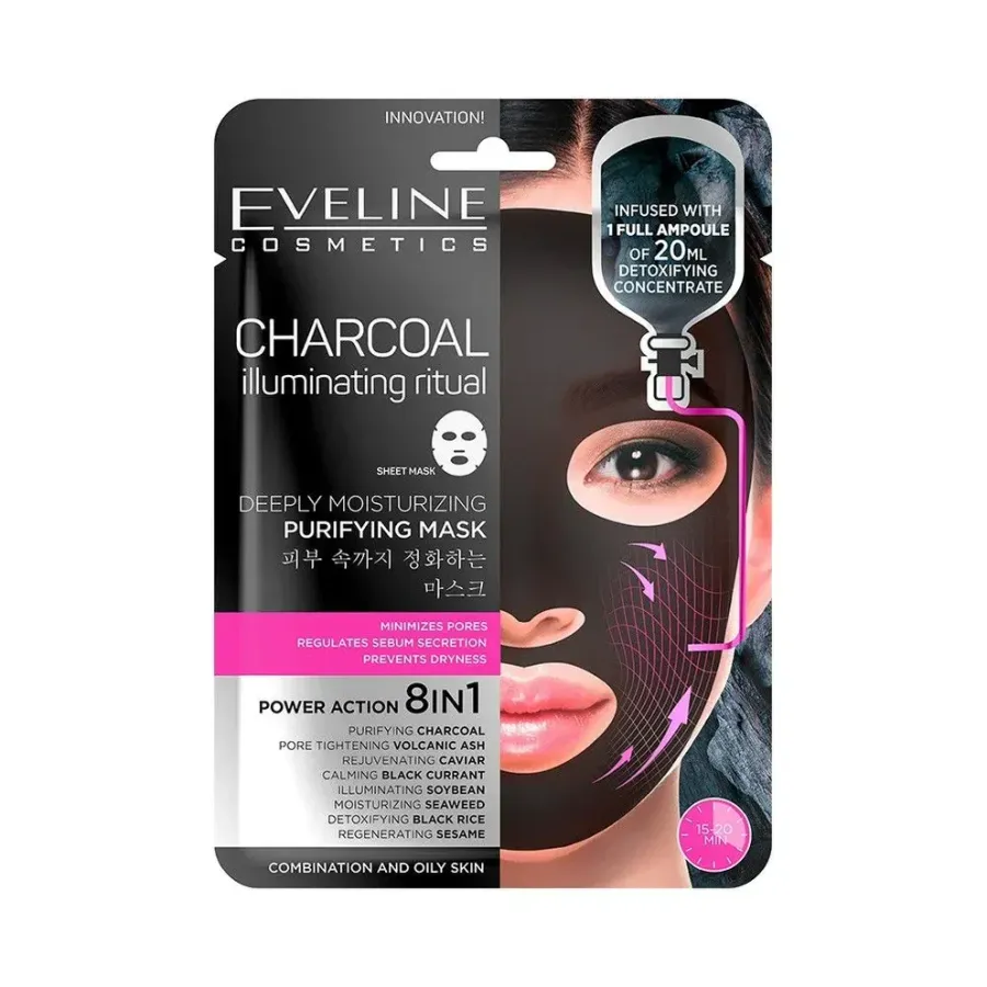 Eveline Masque Visage Purifiant et Hydratant en Profondeur au Charbon 8 en 1