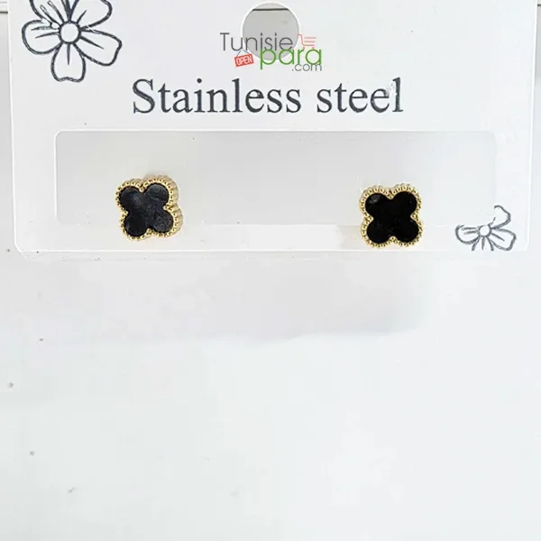 Boucles d’Oreilles “Puces Onyx” – Trèfles Noirs et Or en Acier Inoxydable