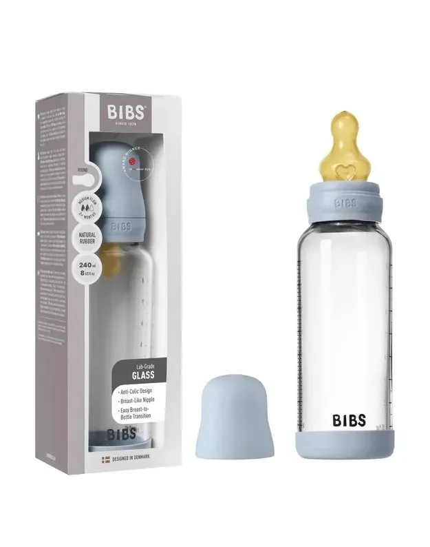 BIBS BIBERON EN VERRE LATEX DEBIT MOYEN BLUE 240ML