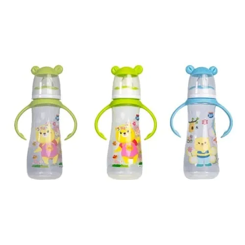 baby pur biberon col standard funny pp bleu avec anses 125ml ref 72004