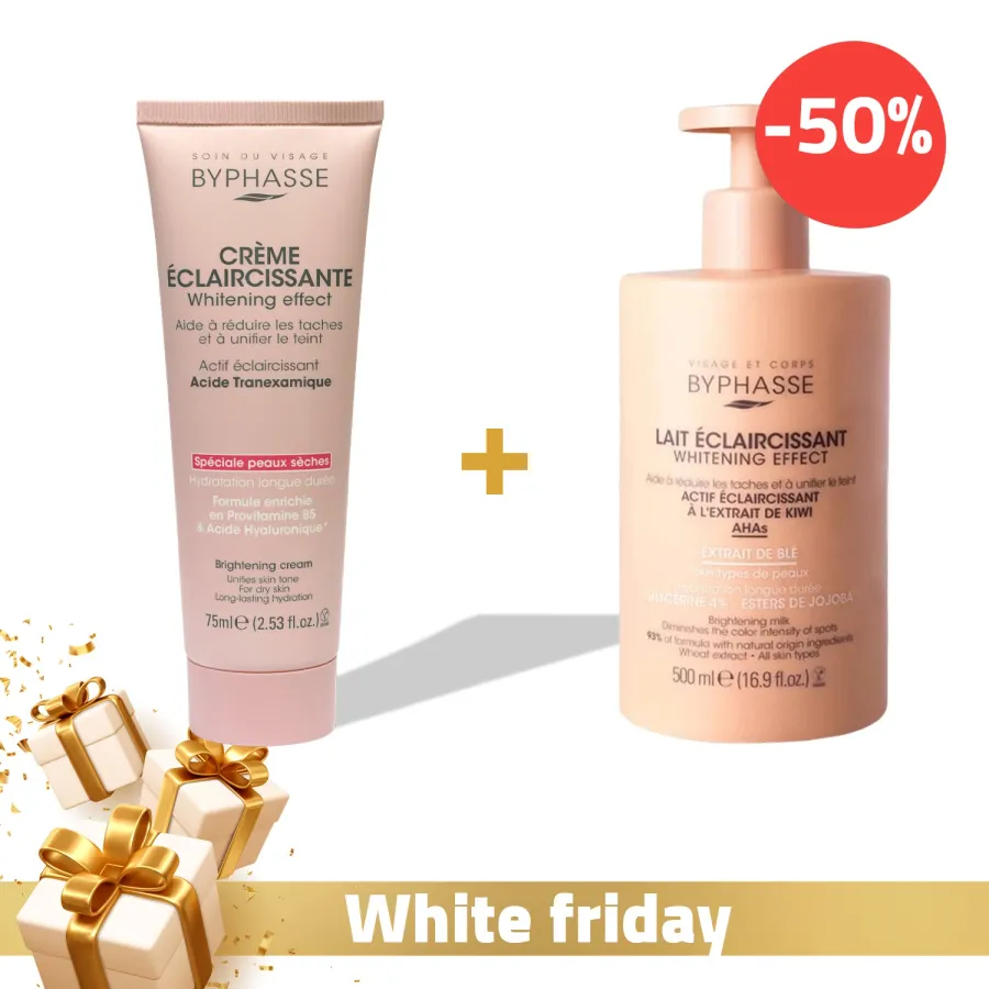BYPHASSE CREME VISAGE ECLAIRCISSANTE WHITENING EFFECT SPECIALE PEAUX SECHES 75ML+ LAIT ECLAIRCISSANT EXTRAIT DE BLE 500ML (-50%)