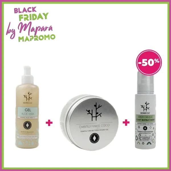 HERBÉOS Gel Aloé Vera à L’huile De Pépins De Figue De Barbarie 250 ml + HERBÉOS Chantilly Karité Coco 100 ml + HERBÉOS Sérum cheveux restructurant lissant 100 ml (-50%) (Copie)