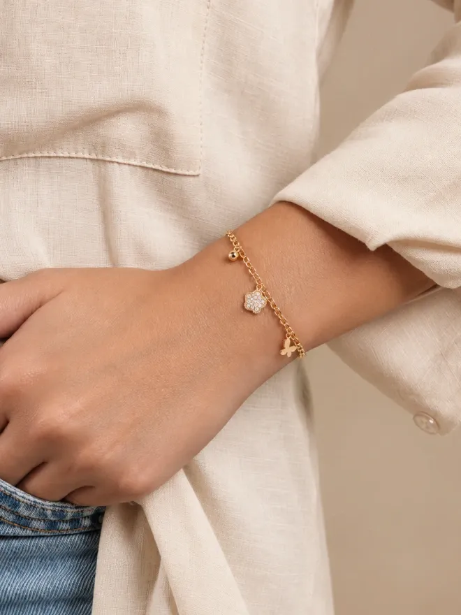 Bracelet fleur couleur or rose papillon