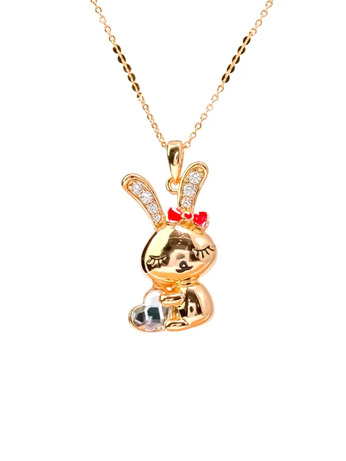 Collier Lapin Doré avec Cristaux & Nœud Rouge