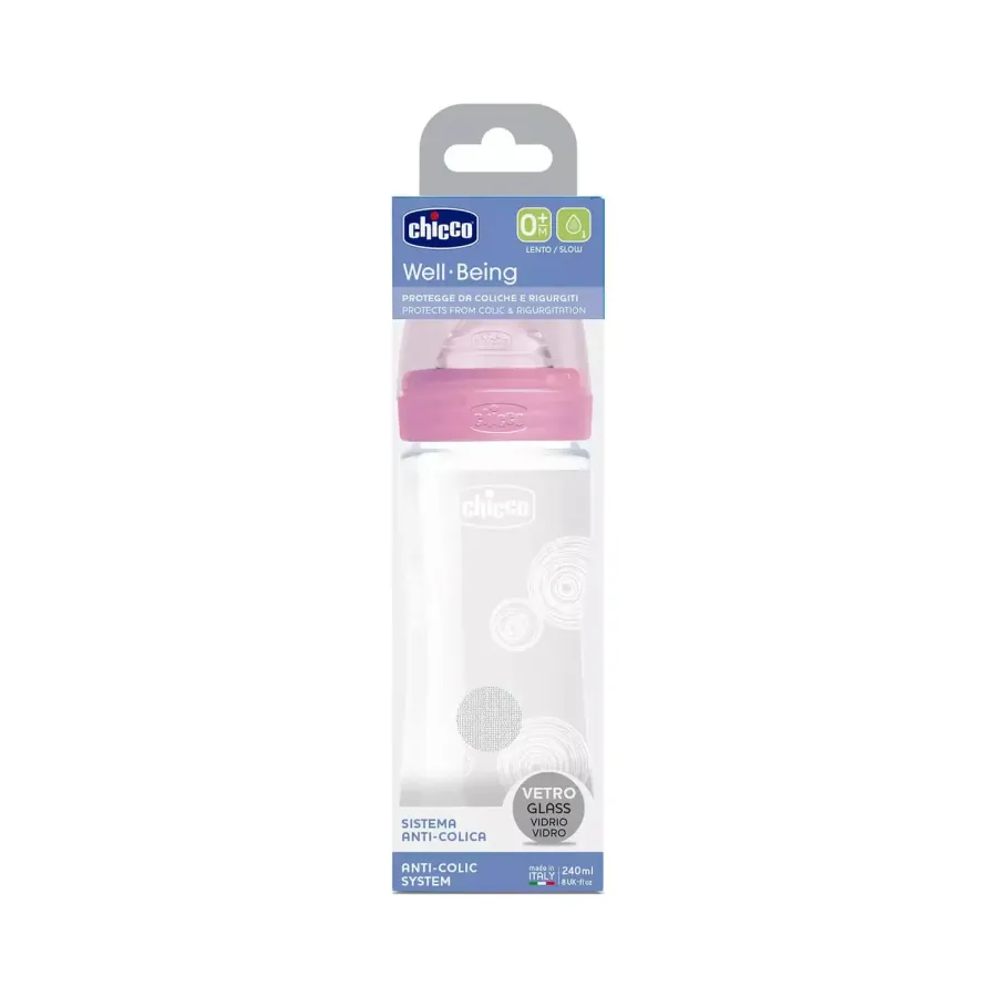 Chicco Well-being Biberon Verre Rose - Debit Lent 0m+ - 240ml