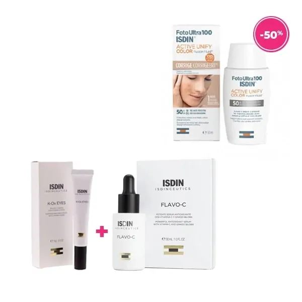 ISDIN FLAVO-C Serum + ISDIN K-OX Eyes + Isdin Active Unify Fusion Fluid Teinté SPF50+ 50ml (-50%)