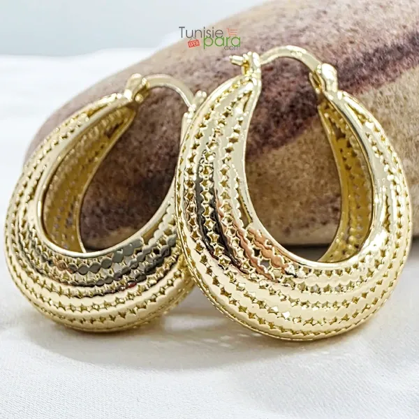 Boucles d’Oreilles Créoles “Panier” en Acier Inoxydable Doré – Texture Ciselée Diamantée