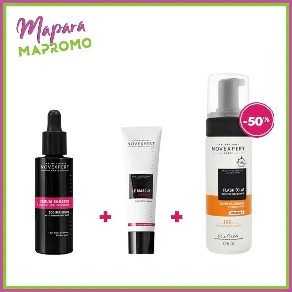 NOVEXPERT Serum Booster A L’acide Hyaluronique+Masque Repulp+Flash Eclat Mousse Nettoyante (-50%)