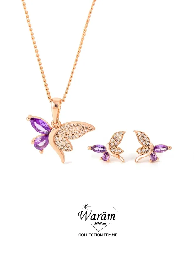 Parure Collier Boucles Papillon Violet Cristaux
