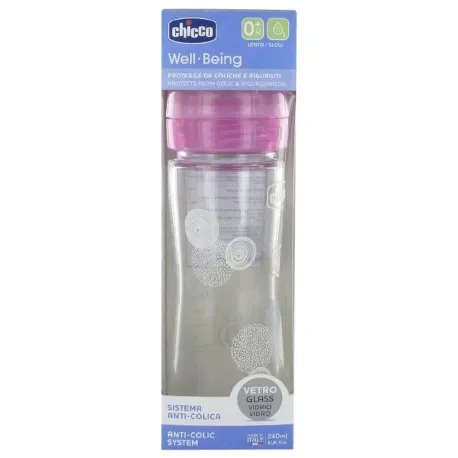 Chicco Well Being Biberon Verre 240 mL Débit Lent 0 Mois et + Rose