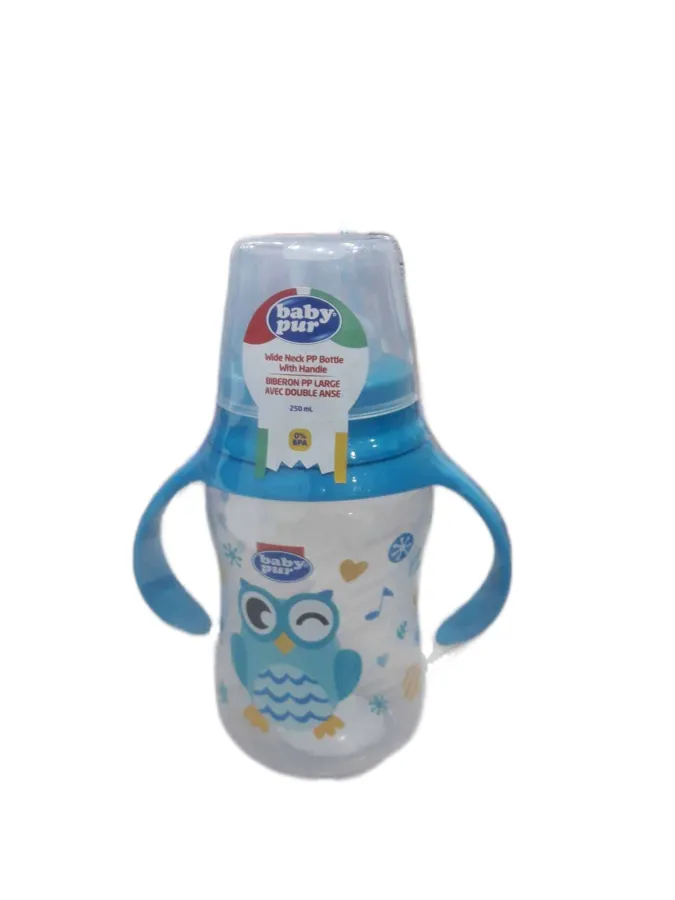 baby pur biberon hibous bleu large avec anses 250ml