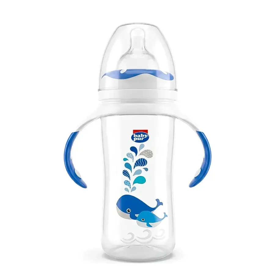 Baby Pur Biberon en Plastique Avec Anse Ergonomique Large Carre 250 ml BLEU Ref 72017