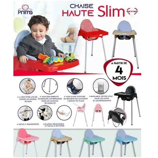 Prima Baby Chaise haute slim rouge avec coussin gris